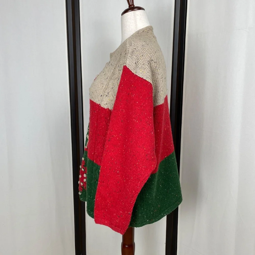 Elisabeth Hand Knit Vintage Christmas in July Sweater Red Green Tan Size 1X